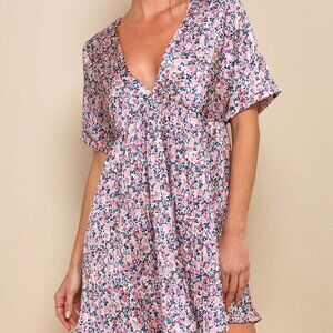 Blush Pink Floral Print Satin Babydoll Dress